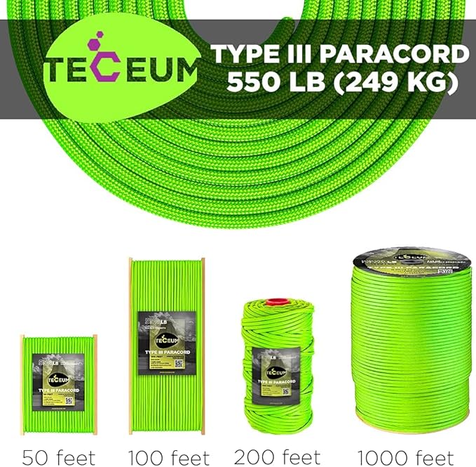 TECEUM 5/32" Paracord Rope 1000 – 1000ft / 200ft / 100ft / 50ft – Tactical Parachute Cord 4mm – 45+ Colors – Nylon String for Survival & Camping Gear – Stripe Cord for Survival – Utility Rope