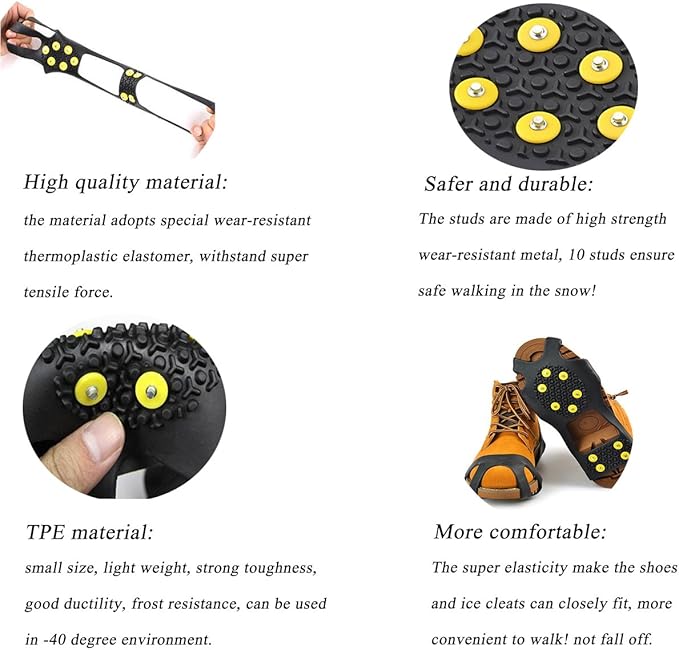 Ice Cleats for Shoes and Boots, Ice Snow Traction Cleats Grippers, Non Slip Shoe Ice Grippers,10 Steel Rubber Spikes Crampons Anti Easy Slip Studs Crampons Slip-on Stretch Footwear