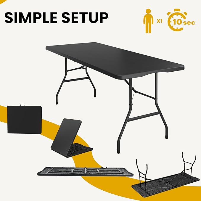 BTEXPERT Fold-in-Half Folding Utility Table 6 Feet 72" x 29.5" Lightweight Portable Carrying Handle, Indoor Outdoor Picnic Camping Office Home Party Wedding Event Easy to Clean Store & Care Black