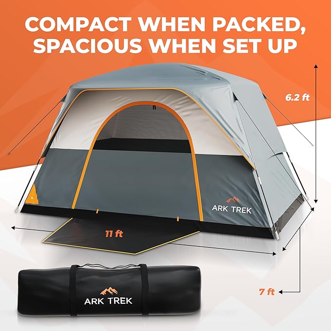 ArkTrek 6 Person Tents for Camping-Robust Family Camping Tent Cabin w Ground Sheet, Rainfly Cover, Powerport-Comfy Large Quick, Waterproof Pop up Camping Tent for Picnics Fishing Hiking