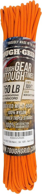 TOUGH-GRID Paracord Rope 750 lbs Nylon Parachute Cord, Made in USA Survival Kit, Outdoor Adventures, Camping, Tactical Gear & Emergency Supplies, Military Type IV Mil-Spec