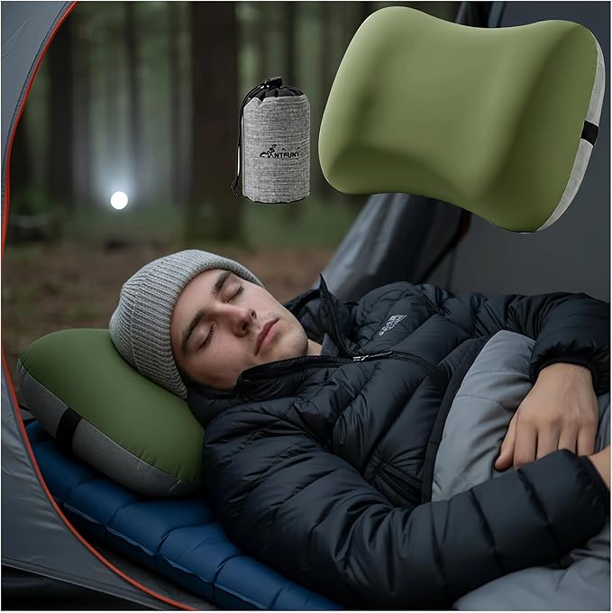 Antfuny Inflatable Neck Pillow for Camping Beach SUV Car Travel Kid Adult Small Portable Air Blow Pop Up Tent Essential Gear for Rock Chair Cot Memory Foam Sleep Pad Bag Bed Hammock Mat Accessories