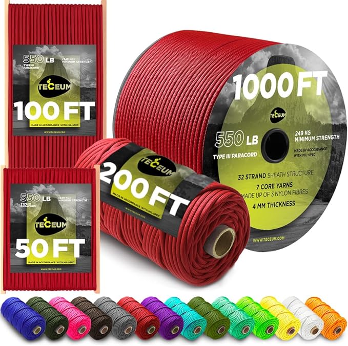 TECEUM 5/32" Paracord Rope 1000 – 1000ft / 200ft / 100ft / 50ft – Tactical Parachute Cord 4mm – 45+ Colors – Nylon String for Survival & Camping Gear – Stripe Cord for Survival – Utility Rope