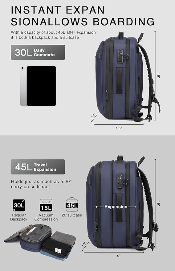 Vacuum Seal Travel Backpack 45L with Pump - Expandable Air Compression System, Water-Resistant Business TSA Lock, Laptop Backpack, Carry-On Suitcase Luggage, Gifts for Men