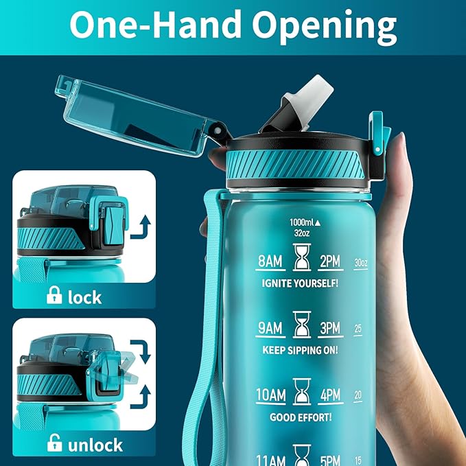 QLUR Water Bottle with Straw, 32oz Motivational Water Bottles with Time Marker to Drink, Tritan BPA Free, 1L Sports Water Bottle with Carry Strap LeakProof for Women Gym Fitness Outdoor (1 Pack)