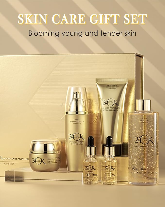 24K Gold Skin Care Set,6 in 1 Hydrate Firm Skincare Gift Toiletries Set,Moisturizing Soft Facial Skin Care Product Kit for Wrinkles Fine Lines,Women's Mother’s Day Skin Care Gift Kit for Women Mom