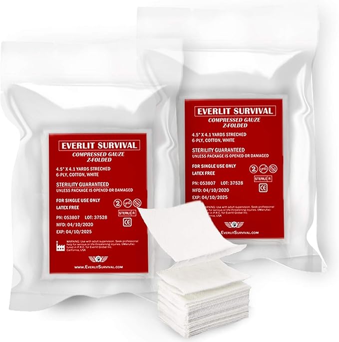 Everlit [2 Pack] Z-Folded Compressed Sterile Gauze 4.5" x 4.1 Yards, 6-Ply White Cotton, Essential First Aid and Stop The Bleed Kit Supply for Home, Medical, and Tactical Emergency Use (2)
