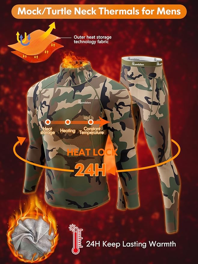 romision Thermal Underwear for Men Long Johns Fleece Lined Hunting Gear Bottom Top Set Base Layer for Cold Weather Gift