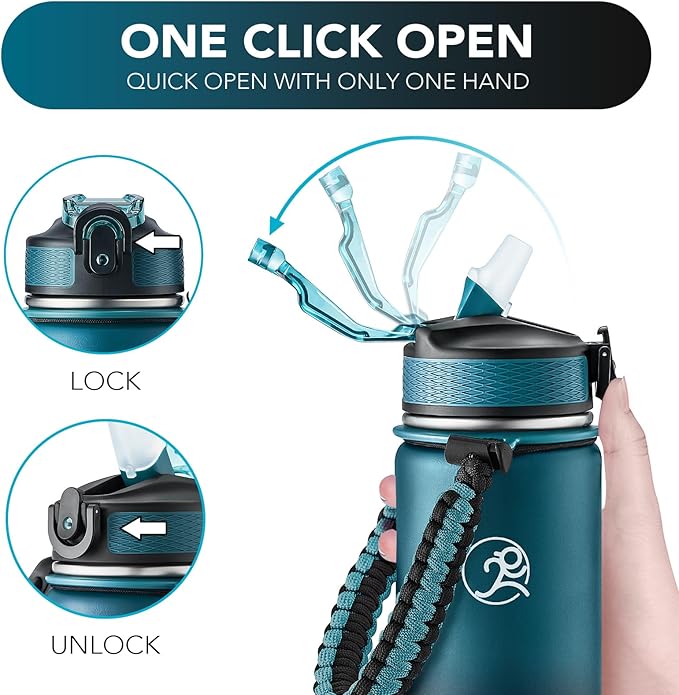 GOSWAG Insulated Sports Water Bottle, 24oz 2 Lids(with Straw/No Straw), Stainless Steel Water Bottles with Paracord Handle, Insulated Bottle with Double-Wall Vacuum Insulation