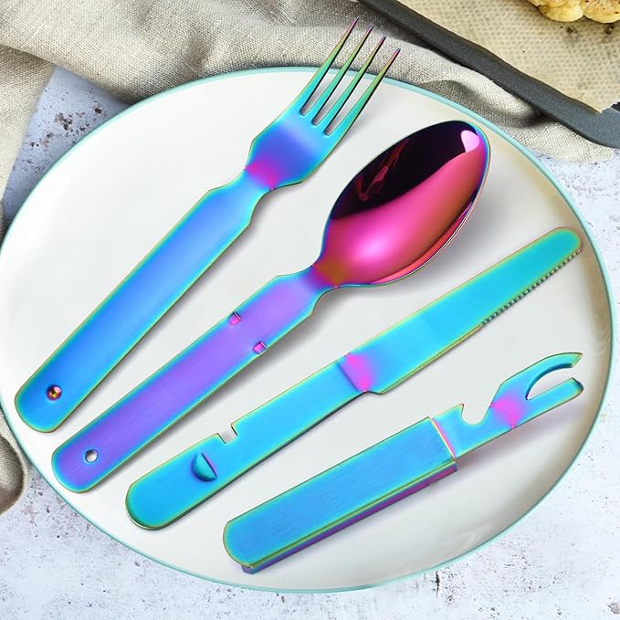 Camping Flatware Colorful Fork Spoon Knife Bottle Opener Silverware Outdoor Portable Cutlery Tactical Utensil Set 4 Pieces Foldable Durable Reusable Easy to Clean
