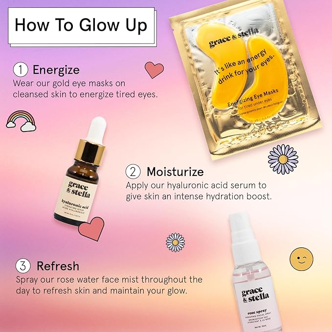 grace & stella Award-Winning Skin Care Set - Gifts for Women - Travel Essentials with Gold Eye Masks, Hyaluronic Acid Serum & Rose Spray, Beauty Gift Set - Birthday & Bachelorette Favors