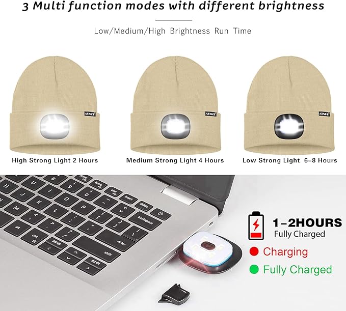 ATNKE LED Lighted Beanie Hat,USB Rechargeable 4 LED Running Headlamp Bright Cap with The Light Gifts for Men and Women