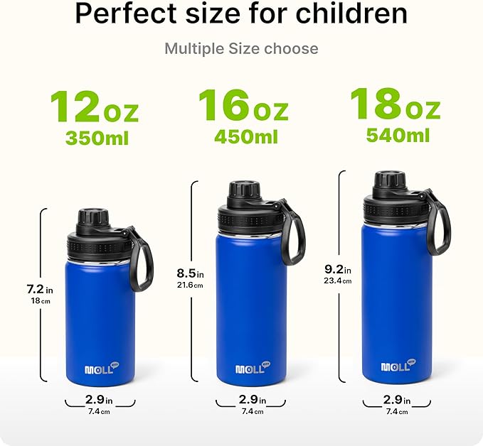 Small Water Bottle 12 oz Insulated Sports Wide Mouth Flask for School-Reuasble Stainless Steel Vacuum Travle Water Bottle with Silicone Boot (Navy)