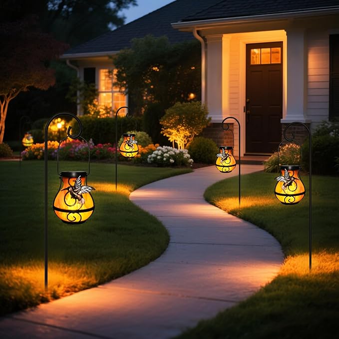 X-PREK 2 Pack Solar Lanterns Outdoor Waterproof Hummingbird Hanging Solar Lantern Flickering Flame Lights Solar Powered Lamps Garden Patio Porch Decoration(Plastics)