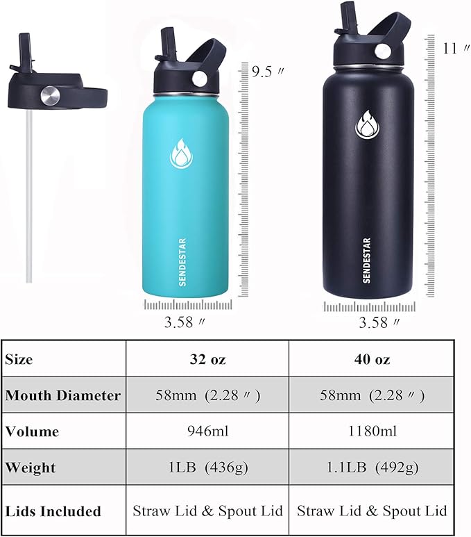 SENDESTAR Stainless Steel Water Bottle, Wide Mouth 32 oz Water Bottle with Straw Lid, Spout Lid, Double Wall Vacuum Insulated Leak Proof, Keeps Liquids Hot or Cold (Gray)