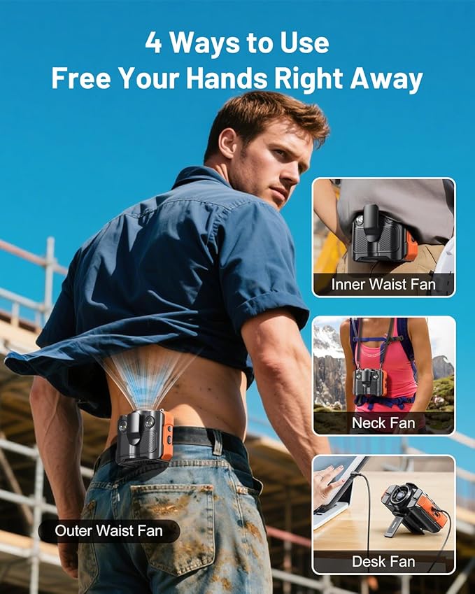 BLAVOR Portable Waist Fan, 5 Speeds Rechargeable Fan with Bluetooth Speaker & Flashlight, 40H Runtime, 16000RPM Strong Airflow, Personal Cool Clip Fans Under Shirt Belt for Outdoor, Work, Camping