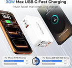 5-in-1 Retractable Wall Charger with Dual Cables, 50W Retractable Phone Charger with Dual 3.3FT USB C Cables, 30W Fast Charging Block Wall Plug for iPhone 17 16 15 Pro Max, G-alaxy S26 S25, i Pad