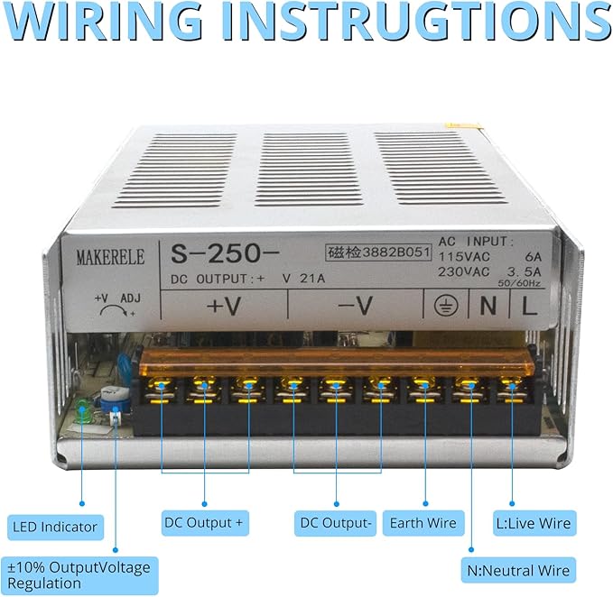 MK-SMPS-S250-12 MAKERELE 240W AC 110V-220V to DC 12V Power Supply Switching Converter, 20A DC Universal Regulated Switching, Transformer Driver Adapter for Strip 3D Printer CCTV Camera Motor Pump