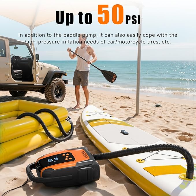 Electric Paddle Board Pump, 50PSI High Pressure Portable SUP Air Pump with Auto-Off and Deflation Function, 12V DC Car Connector for Stand Up Paddle Boards, Car Tires, Boats, Kayaks