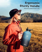 64oz Water Bottle Insulated with Handle,Double-Wall Vacuum Stainless Steel (Cold for 48 Hrs), Half Gallon Water Jugs,Reusable Metal Water Flask with Carry Pouch,Straw & Spout Lid,Indigo Black