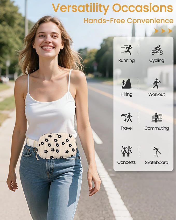 Vankor Corduroy Cute Fanny Packs for Women Cross Body, Everywhere Belt Bag for Women Crossbody Stylish Waist Pack Purse for Travel, Hiking, Workout, Running, Corduroy Black Flower