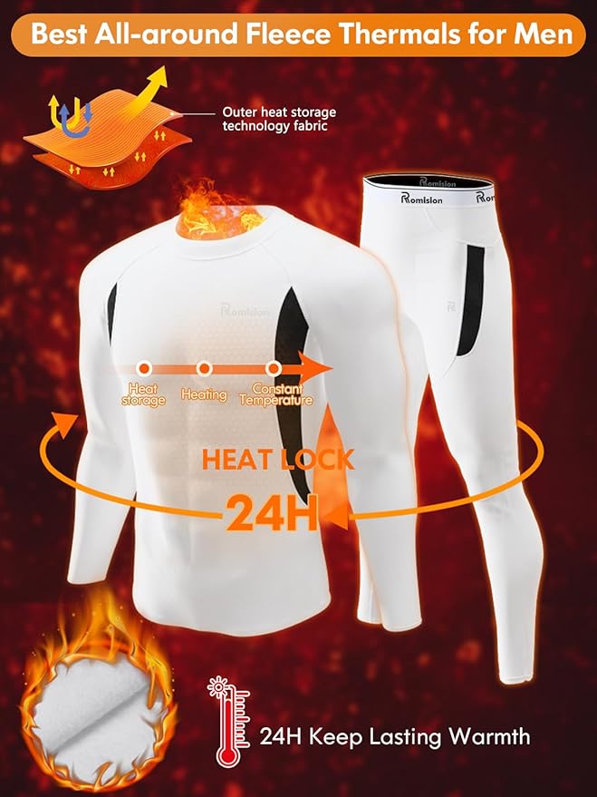 romision Thermal Underwear for Men Long Johns Fleece Lined Hunting Gear Bottom Top Set Base Layer for Cold Weather Gift