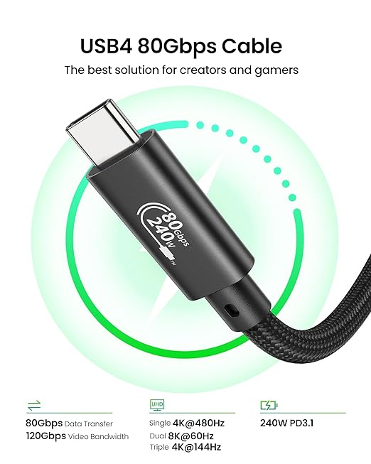 Fitee Thunderbolt 5 Cable 6FT Compatible, 80Gbps USB4 Cable, PD3.1 240W Charging, 120Gbps Video Bandwidth, 16K/Dual 8K, Braided USB C Video Cables for iPhone 16, MacBook Pro, Mac mini, PSSD, Display