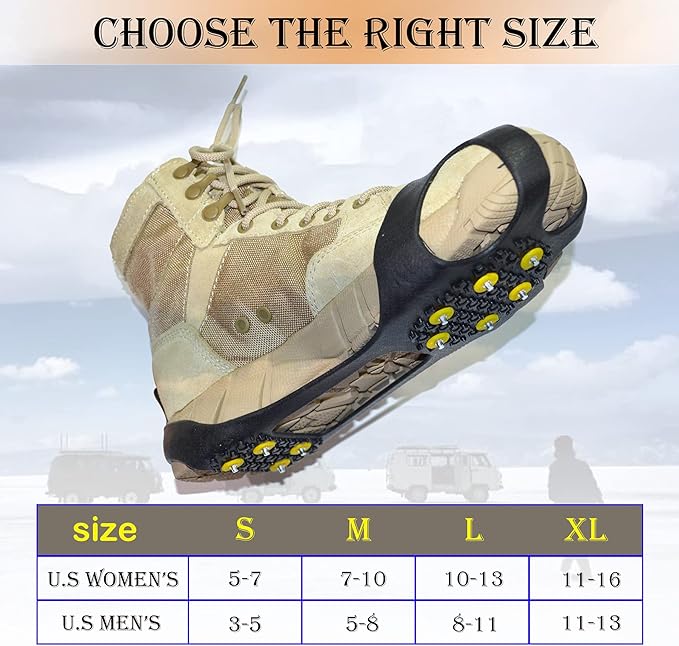 Ice Cleats Snow Crampons for Shoes and Boots 10 Studs Crampons Ice Grips Anit Slip Silicone Rubber Walk Traction Ice Cleats Slip-on Stretch Footwear Walking on Snow and Ice S/M/L/XL