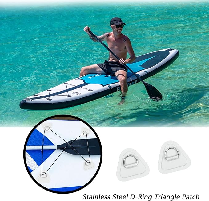 4 Pack Stainless Steel D-Ring Triangle Patch with 2.5m Black Bungee Cord,4Pcs Cord Hooks for PVC Inflatable Boat SUP Kayak Canoe Deck Accessories-White