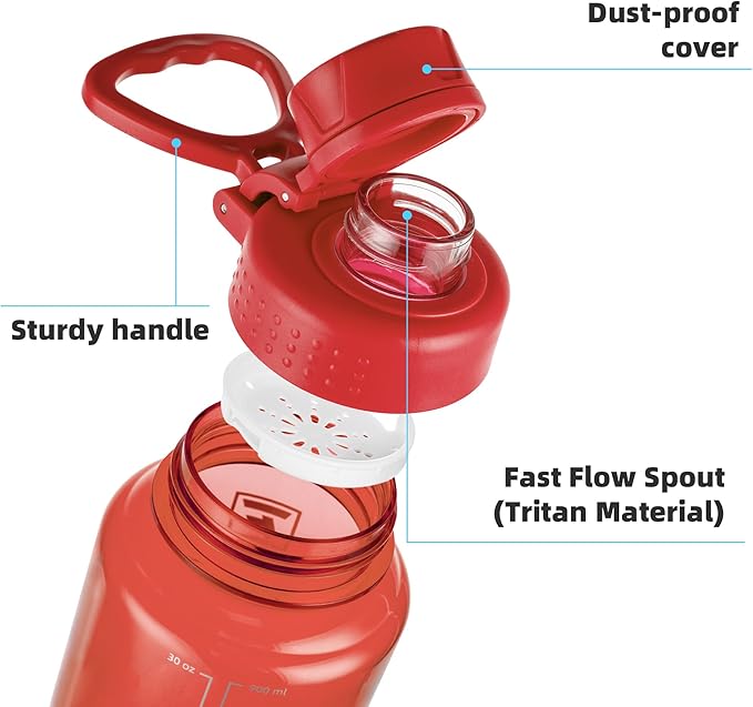Fanhaw 32 oz Clear Water Bottle with Fast-Flow Spout Lid, BPA-Free Tritan, Wide Mouth, Leakproof, Reusable Bottle for Gym, School, Office, Travel (Red)