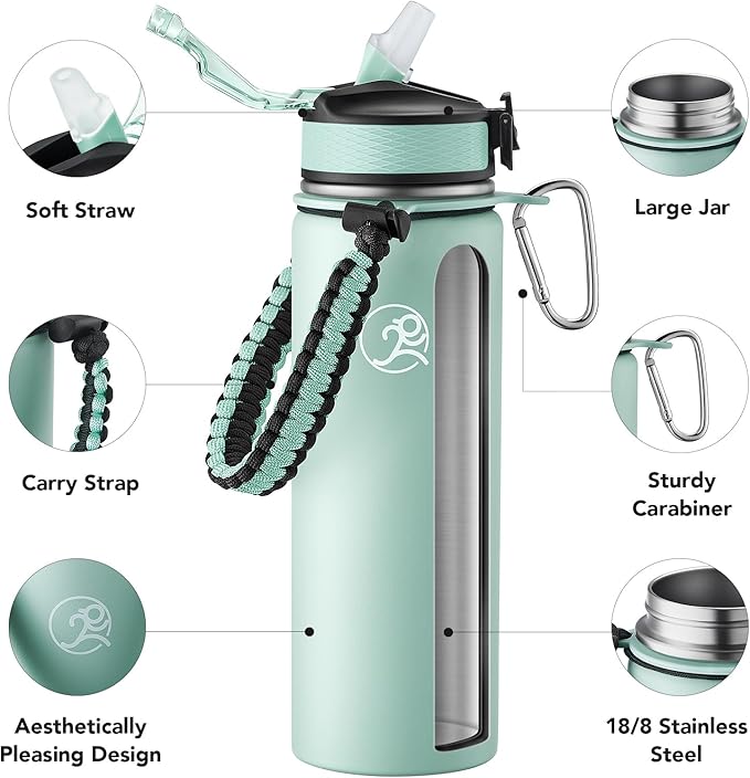 GOSWAG Insulated Sports Water Bottle, 24oz 2 Lids(with Straw/No Straw), Stainless Steel Water Bottles with Paracord Handle, Insulated Bottle with Double-Wall Vacuum Insulation