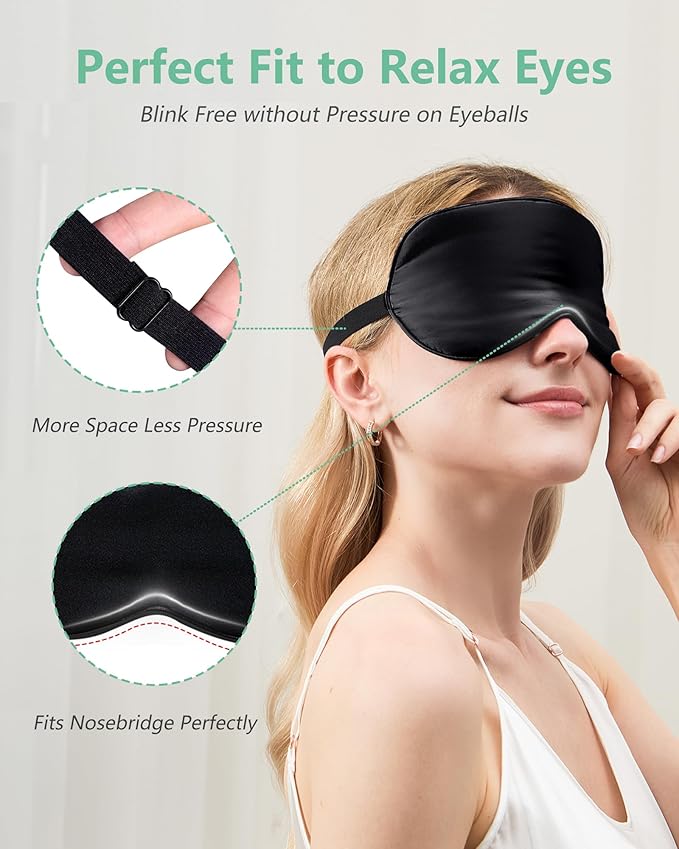 BeeVines 100% Real Mulberry Silk 2 Pack Sleep Mask, Pure Silk Eye Masks with Adjustable Strap for Sleeping, 100% Block Light Eye Shade Cover, Reduces Puffy Eyes Traveling Gifts(Black & Rich Purple)