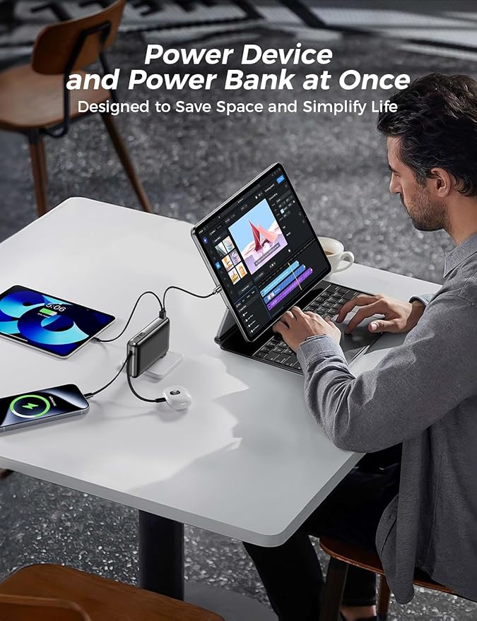 Portable Charger with Built-in Cables & Wall Plug, 10000mAh Power Bank, 4 Outputs 22.5W USB C Fast Charging, Mini Travel Essentials Battery Pack with LED Display for iPhone/iPad/Samsung etc Black