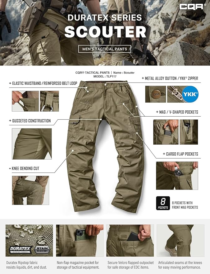 CQR Men's Tactical Pants, Water Resistant Ripstop Cargo Pants, Lightweight EDC Work Hiking Pants, Outdoor Apparel