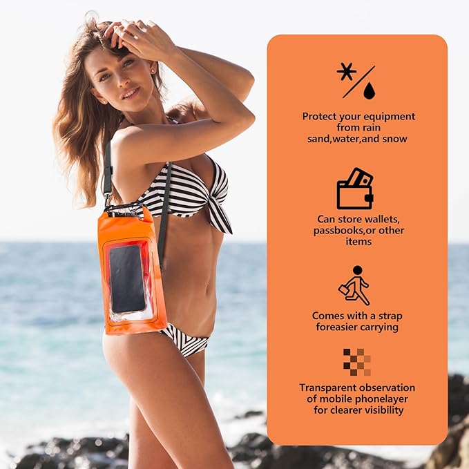 IP68 Waterproof Dry Bag, 2L - Roll Top Waterproof Pool Bag，Dry Bags for Kayaking Waterproof-w/Phone Pouch,Large Waterproof Phone Pouch,Boating & Kayak Accessories Camping (Orange 2L)