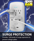 Fosmon 6 Outlet Wall Surge Protector Outlet Wall Mount, USB in Wall Charger Surge Protector (1200 Joules), 2 USB ports 3.4A, 1875W, 3-Prong Grounded