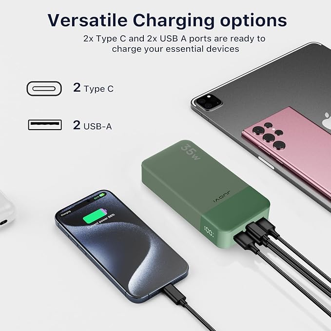 J2651 Portable Charger, 35W 20000mAh USB C in & Out Power Bank, Battery Pack with QC4.0+PD3.0 35W High-Speed Charging for Bluetooth Earbud, Mobile Phone, Tablet (Green)