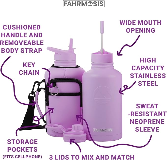 64 Oz Insulated Water Bottle with Strap Stainless Steel Sports Water Bottle with 3 Lids (Straw, Chug and Flip Lid) Leak Proof Metal Half Gallon Jug for Men & Women - Lavender