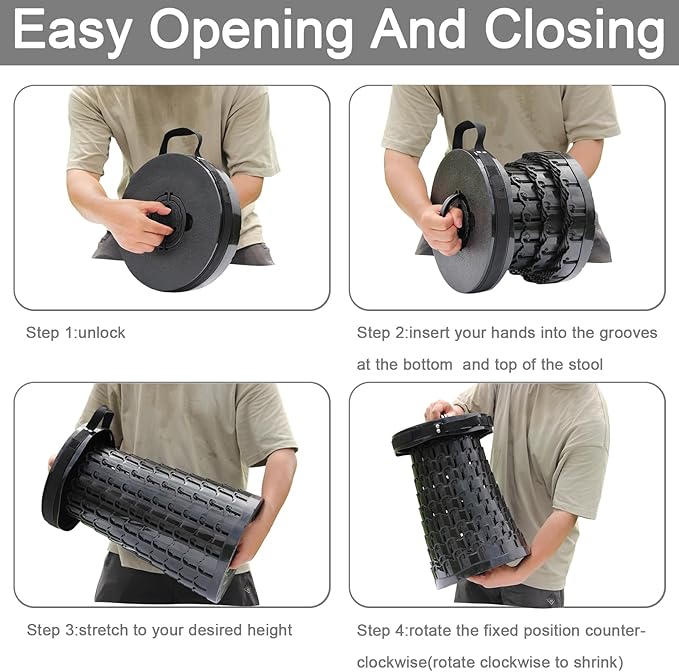 Upgraded XXL Collapsible Stool with Cushion,19.7"H-11.8"D Telescoping Folding Stool for Adults,More Sturdy Portable Camping Stools with Load Capacity 1000lbs for Outdoor,Garden,Fishing,Hiking