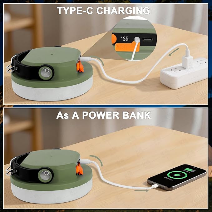 Outdoor Camping lamp Rechargeable lamp, Portable Lighting lamp. Equipped with 6 Brightness Settings, Tent lamp with Hook, Suitable for Power outages, Hiking, and Emergencies. (Army Green)