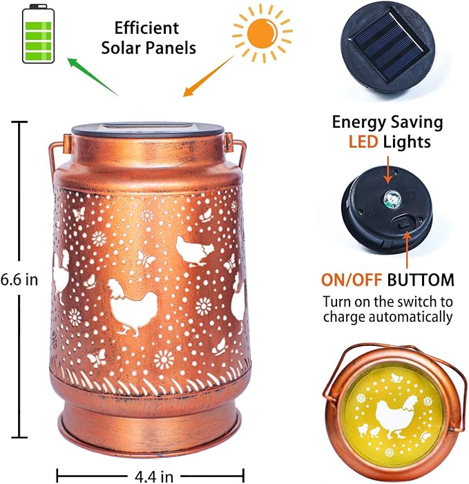 Chicken Solar Lanterns Outdoor Waterproof Hanging Solar Lights Chicken Gifts for Women Men Metal Decorative LED Chicken Lanterns for Garden Decor,Yard,Patio,Lawn,Tabletop,Pathway,Landscape
