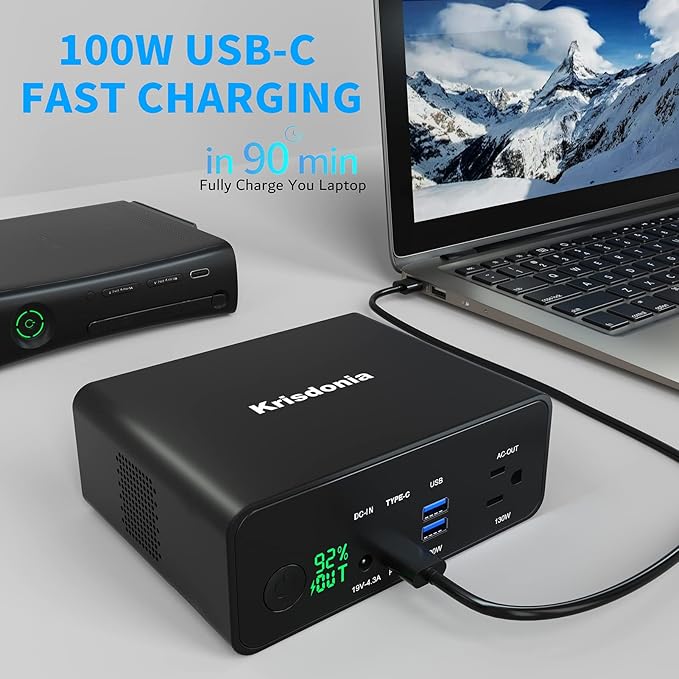 Krisdonia 130W Portable Power Bank, 148WH/40000mAh Portable Laptop Charger Battery Backup with 110V AC Socket/ 100W Type-C Port/2 USB QC3.0 for CPAP Outdoor Camping Trip Hunting Emergency