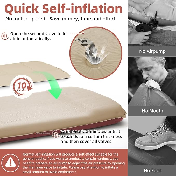 INVOKER 3.15" Self-Inflating Camping Sleeping Pad, Ultra-Thick Foam Fast Inflating Camping Mat Air Mattress with Pillow, 4-Season Insulated for Tent, Car, Camping, Travel, Khaki with Pink-Orange
