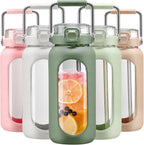 BLUEGO 64oz Water Bottle Glass with Stainless Steel Handle Large Water Bottle with Time Markers and Silicone Sleeve Half Gallon Water Jug BPA Free for Gym Daily Use, Olive