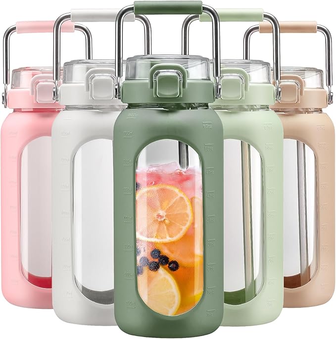 BLUEGO 64oz Water Bottle Glass with Stainless Steel Handle Large Water Bottle with Time Markers and Silicone Sleeve Half Gallon Water Jug BPA Free for Gym Daily Use, Olive
