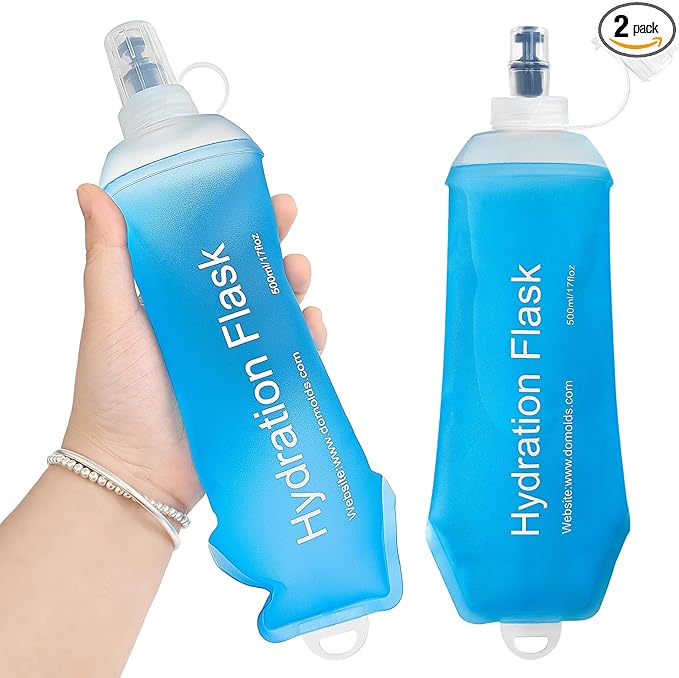 GYGYL Soft Flask, TPU Collapsible Soft Water Bottle for Hydration Pack, Running Vest, Leak-Proof Folding Water Bottle for Hiking Cycling Climbing Jogging-500ml Blue, 2pcs