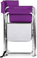 PICNIC TIME Sports Chair with Side Table, Outdoor Foldable Padded Adult Camping Chairs with Cup and Accessory Panel for Lawn, Beach, & Sports Use for Adults, up to 300-lbs Capacity, (Purple)