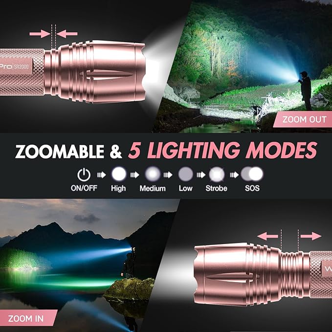WdtPro LED Flashlight High Lumens SR2000 Pro, 2 Pack Brighter Tactical Flashlights with 5 Modes & Zoomable, Powerful Mini Flash Light for Emergency, Camping, Hiking (Pink)
