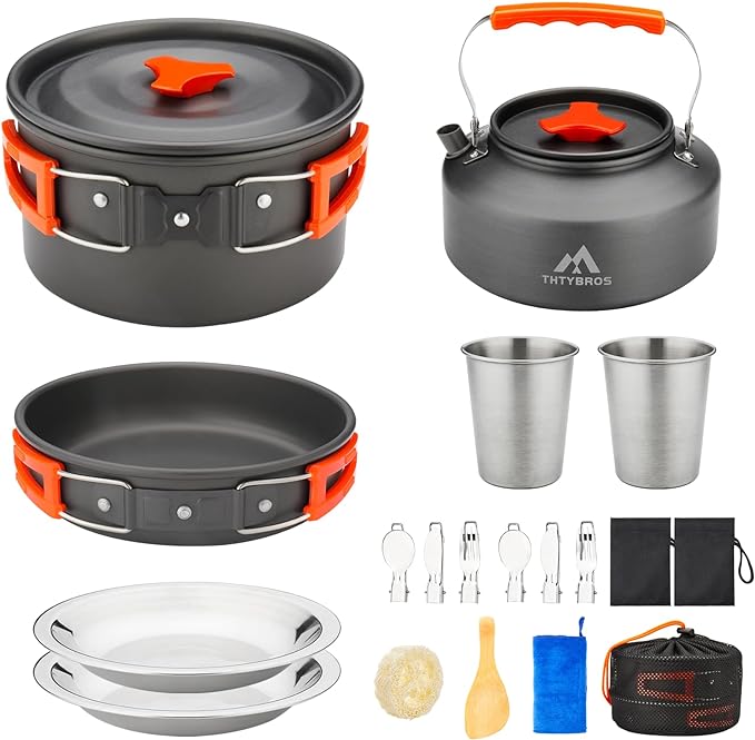 17pcs Camping Cookware Kit, 0.45Gal Pot, 7inches Pan,0.30Gal Kettle Set with 2 Set Stainless Steel Cups Plates Forks Knives Spoons for Hiking