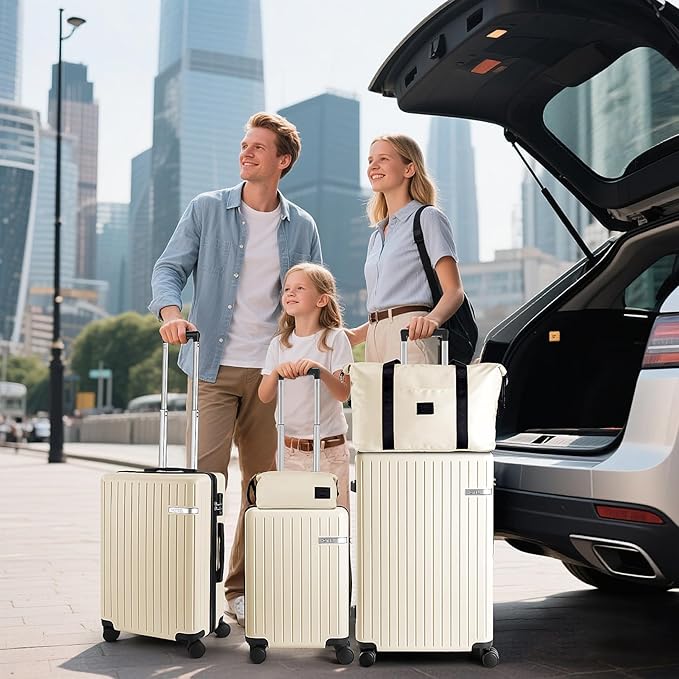 Hoteel 5 Piece Luggage Set (4-YEAR WARRANTY) ABS+PC Hardshell Carry on Suitcase with Spinner Wheels & TSA Lock for Men and Women, Rolling Suit Case for Plane, Travel, Business, Beige (20/24/28/DB/TB)